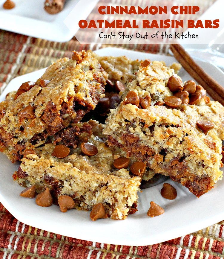 Cinnamon Chip Oatmeal Raisin Bars | Can't Stay Out of the Kitchen | these fantastic #cookies are the ultimate in #OatmealRaisinCookies. They're filled with golden #raisins, #Oatmeal & loads of #CinnamonChips. They're super rich so they'll cure any sweet tooth craving you have. #CinnamonDessert #OatmealRaisinDessert #tailgating #cinnamon #ChristmasCookieExchange #brownie #CinnamonChipOatmealRaisinBars