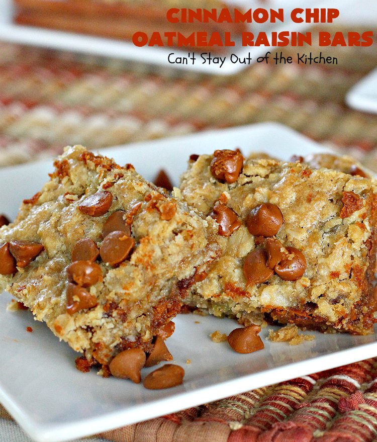 Cinnamon Chip Oatmeal Raisin Bars | Can't Stay Out of the Kitchen | these fantastic #cookies are the ultimate in #OatmealRaisinCookies. They're filled with golden #raisins, #Oatmeal & loads of #CinnamonChips. They're super rich so they'll cure any sweet tooth craving you have. #CinnamonDessert #OatmealRaisinDessert #tailgating #cinnamon #ChristmasCookieExchange #brownie #CinnamonChipOatmealRaisinBars