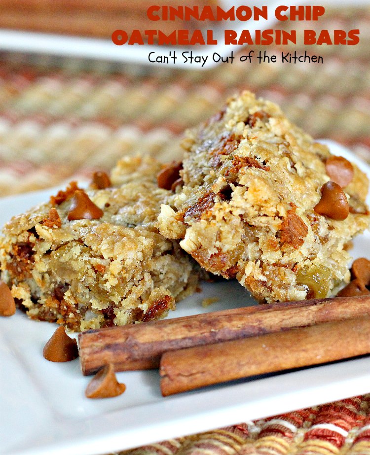 Cinnamon Chip Oatmeal Raisin Bars | Can't Stay Out of the Kitchen | these fantastic #cookies are the ultimate in #OatmealRaisinCookies. They're filled with golden #raisins, #Oatmeal & loads of #CinnamonChips. They're super rich so they'll cure any sweet tooth craving you have. #CinnamonDessert #OatmealRaisinDessert #tailgating #cinnamon #ChristmasCookieExchange #brownie #CinnamonChipOatmealRaisinBars