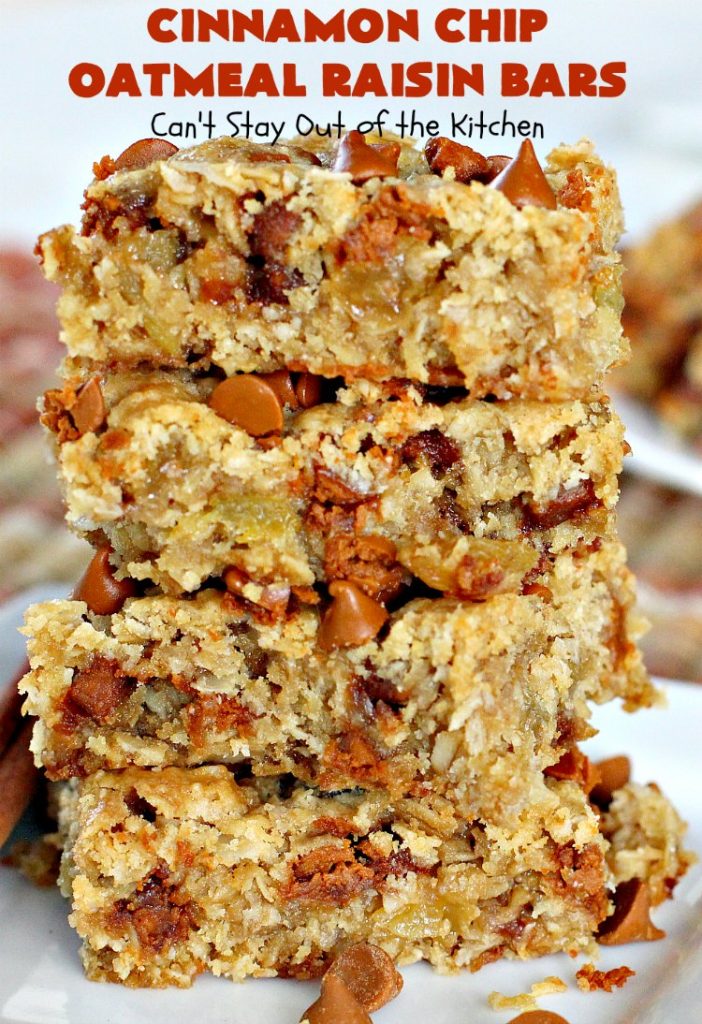 Cinnamon Chip Oatmeal Raisin Bars | Can't Stay Out of the Kitchen | these fantastic #cookies are the ultimate in #OatmealRaisinCookies. They're filled with golden #raisins, #Oatmeal & loads of #CinnamonChips. They're super rich so they'll cure any sweet tooth craving you have. #CinnamonDessert #OatmealRaisinDessert #tailgating #cinnamon #ChristmasCookieExchange #brownie #CinnamonChipOatmealRaisinBars