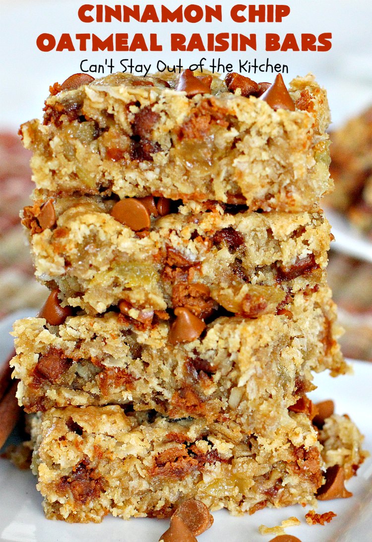Cinnamon Chip Oatmeal Raisin Bars | Can't Stay Out of the Kitchen | these fantastic #cookies are the ultimate in #OatmealRaisinCookies. They're filled with golden #raisins, #Oatmeal & loads of #CinnamonChips. They're super rich so they'll cure any sweet tooth craving you have. #CinnamonDessert #OatmealRaisinDessert #tailgating #cinnamon #ChristmasCookieExchange #brownie #CinnamonChipOatmealRaisinBars