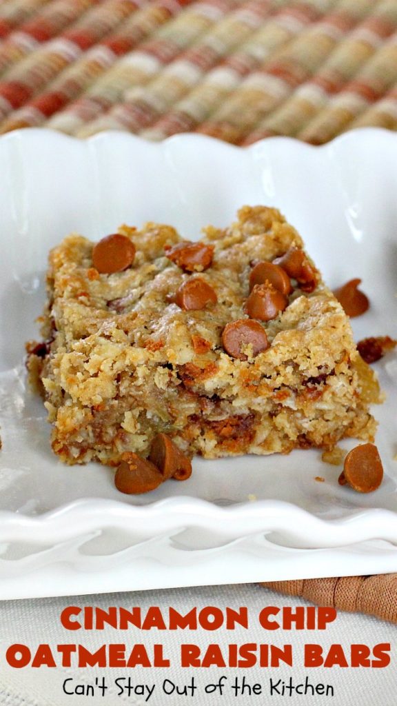 Cinnamon Chip Oatmeal Raisin Bars | Can't Stay Out of the Kitchen | these fantastic #cookies are the ultimate in #OatmealRaisinCookies. They're filled with golden #raisins, #Oatmeal & loads of #CinnamonChips. They're super rich so they'll cure any sweet tooth craving you have. #CinnamonDessert #OatmealRaisinDessert #tailgating #cinnamon #ChristmasCookieExchange #brownie #CinnamonChipOatmealRaisinBars