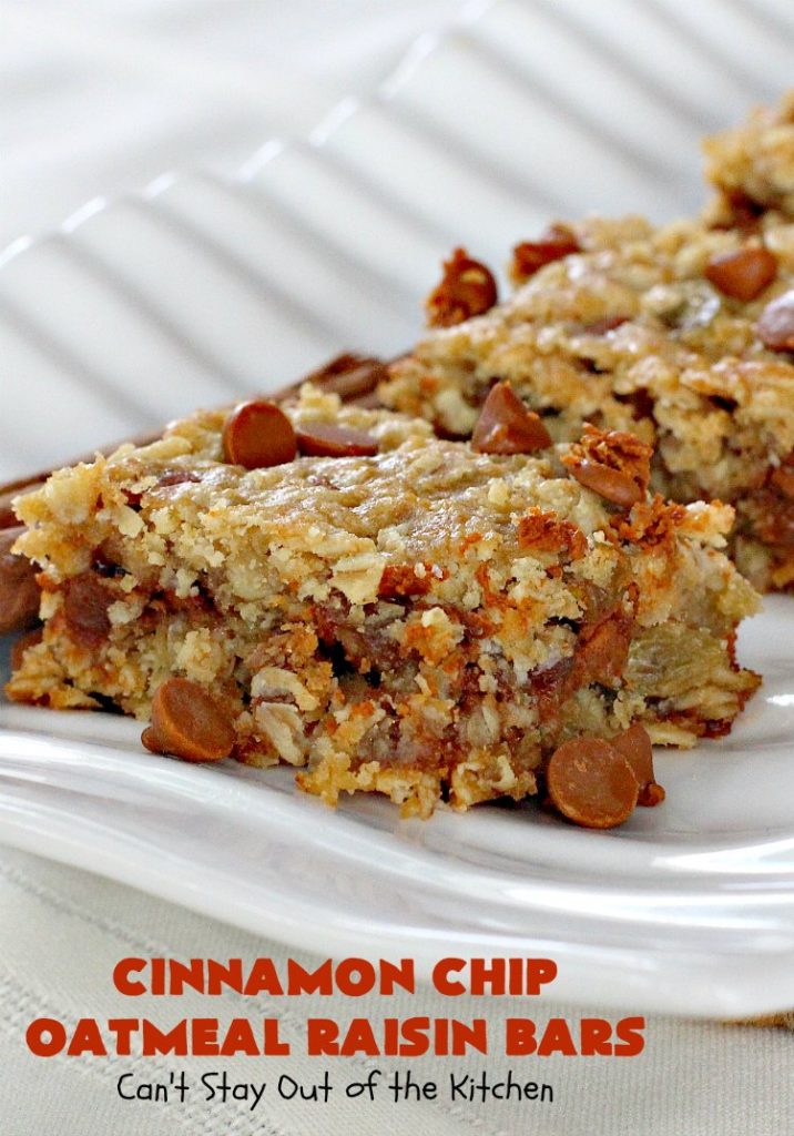 Cinnamon Chip Oatmeal Raisin Bars | Can't Stay Out of the Kitchen | these fantastic #cookies are the ultimate in #OatmealRaisinCookies. They're filled with golden #raisins, #Oatmeal & loads of #CinnamonChips. They're super rich so they'll cure any sweet tooth craving you have. #CinnamonDessert #OatmealRaisinDessert #tailgating #cinnamon #ChristmasCookieExchange #brownie #CinnamonChipOatmealRaisinBars