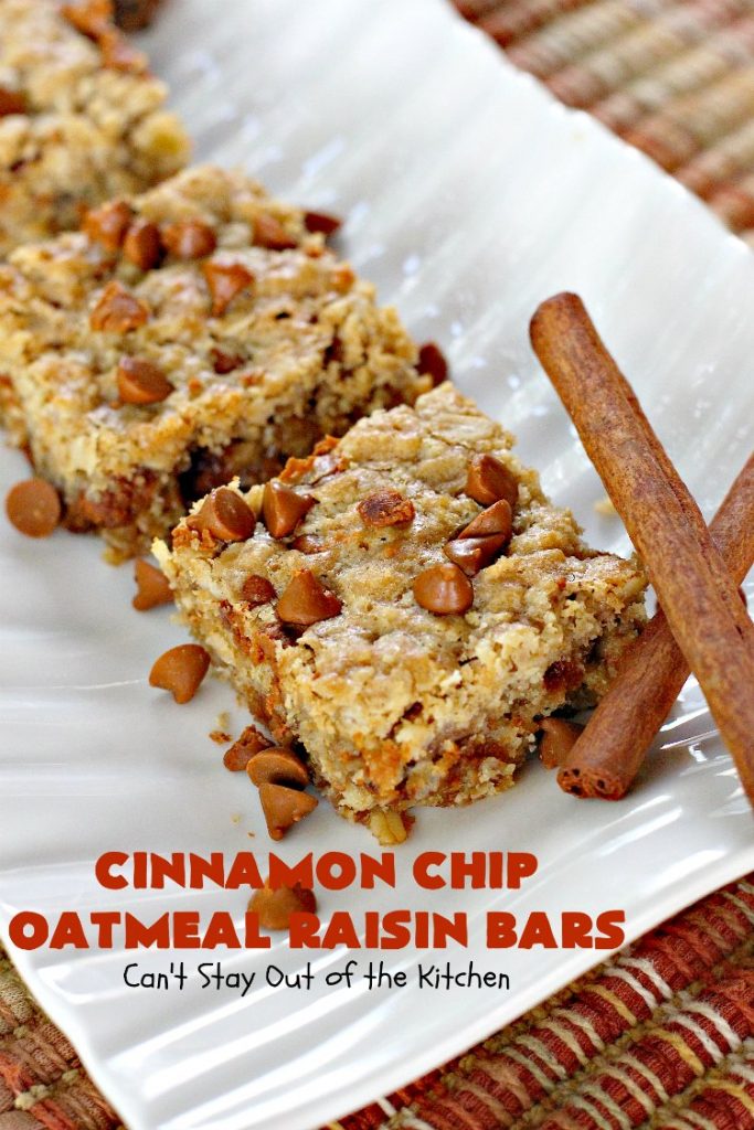 Cinnamon Chip Oatmeal Raisin Bars | Can't Stay Out of the Kitchen | these fantastic #cookies are the ultimate in #OatmealRaisinCookies. They're filled with golden #raisins, #Oatmeal & loads of #CinnamonChips. They're super rich so they'll cure any sweet tooth craving you have. #CinnamonDessert #OatmealRaisinDessert #tailgating #cinnamon #ChristmasCookieExchange #brownie #CinnamonChipOatmealRaisinBars