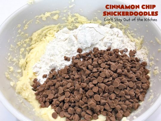 Cinnamon Chip Snickerdoodles | Can't Stay Out of the Kitchen | Triple the #cinnamon flavor with these amazing #cookies. Rich, sweet, decadent & oh, so heavenly. #dessert #Snickerdoodles #CinnamonDessert #CinnamonChips #CinnamonChipSnickerdoodles #Tailgating #CinnamonCookies 
