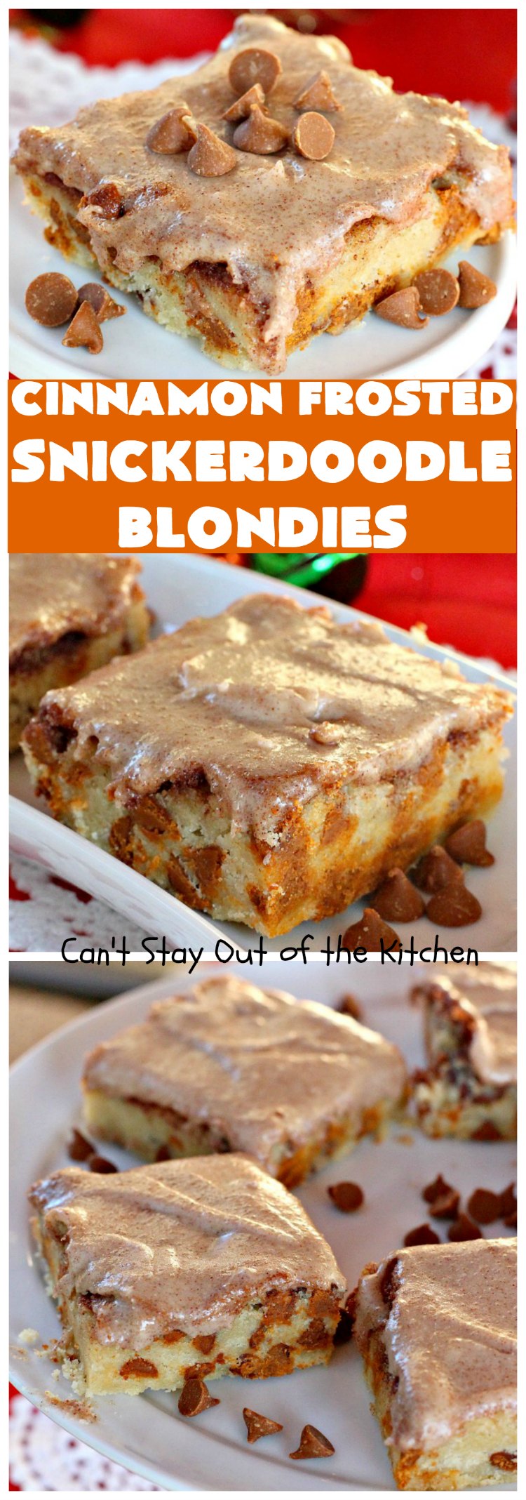 Cinnamon Frosted Snickerdoodle Blondies | Can't Stay Out of the Kitchen | these #cookies will knock your socks off! They are rich, decadent & absolutely heavenly. They'll sure satisfy any sweet tooth craving you have. Perfect for #holiday or #Christmas parties too. #snickerdoodles #cinnamon #dessert #SnickerdoodleDessert #HolidayDessert #CinnamonFrostedSnickerdoodleBlondies