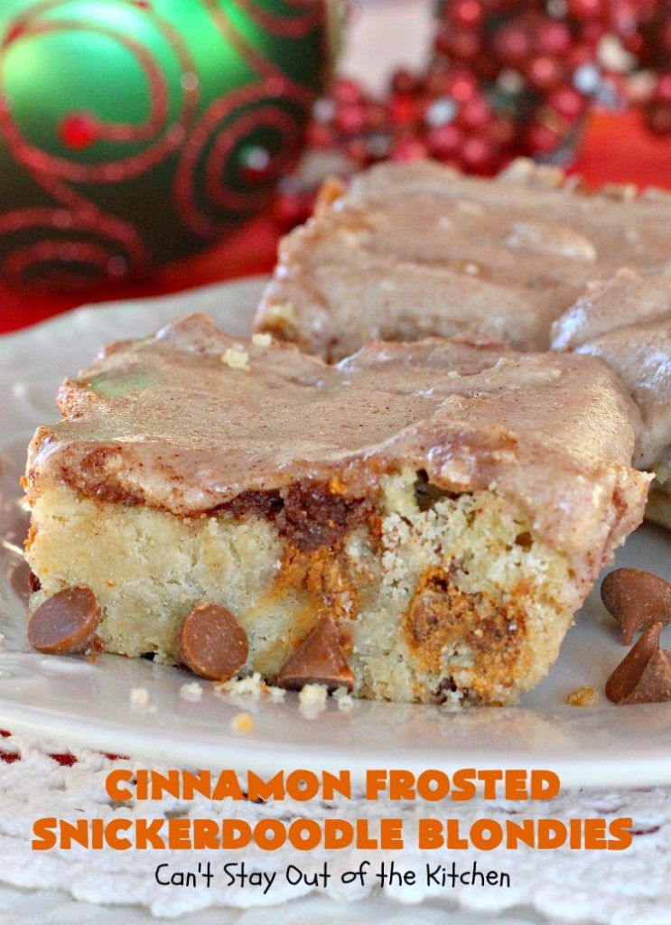 Cinnamon Frosted Snickerdoodle Blondies | Can't Stay Out of the Kitchen | these #cookies will knock your socks off! They are rich, decadent & absolutely heavenly. They'll sure satisfy any sweet tooth craving you have. Perfect for #holiday or #Christmas parties too. #snickerdoodles #cinnamon #dessert #SnickerdoodleDessert #HolidayDessert #CinnamonFrostedSnickerdoodleBlondies