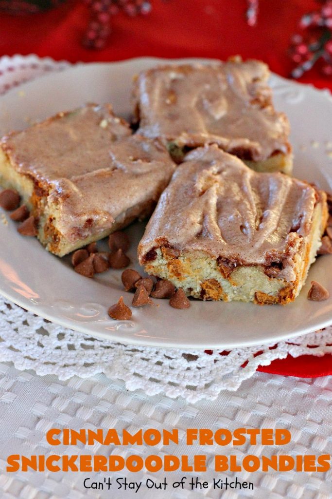Cinnamon Frosted Snickerdoodle Blondies | Can't Stay Out of the Kitchen | these #cookies will knock your socks off! They are rich, decadent & absolutely heavenly. They'll sure satisfy any sweet tooth craving you have. Perfect for #holiday or #Christmas parties too. #snickerdoodles #cinnamon #dessert #SnickerdoodleDessert #HolidayDessert #CinnamonFrostedSnickerdoodleBlondies
