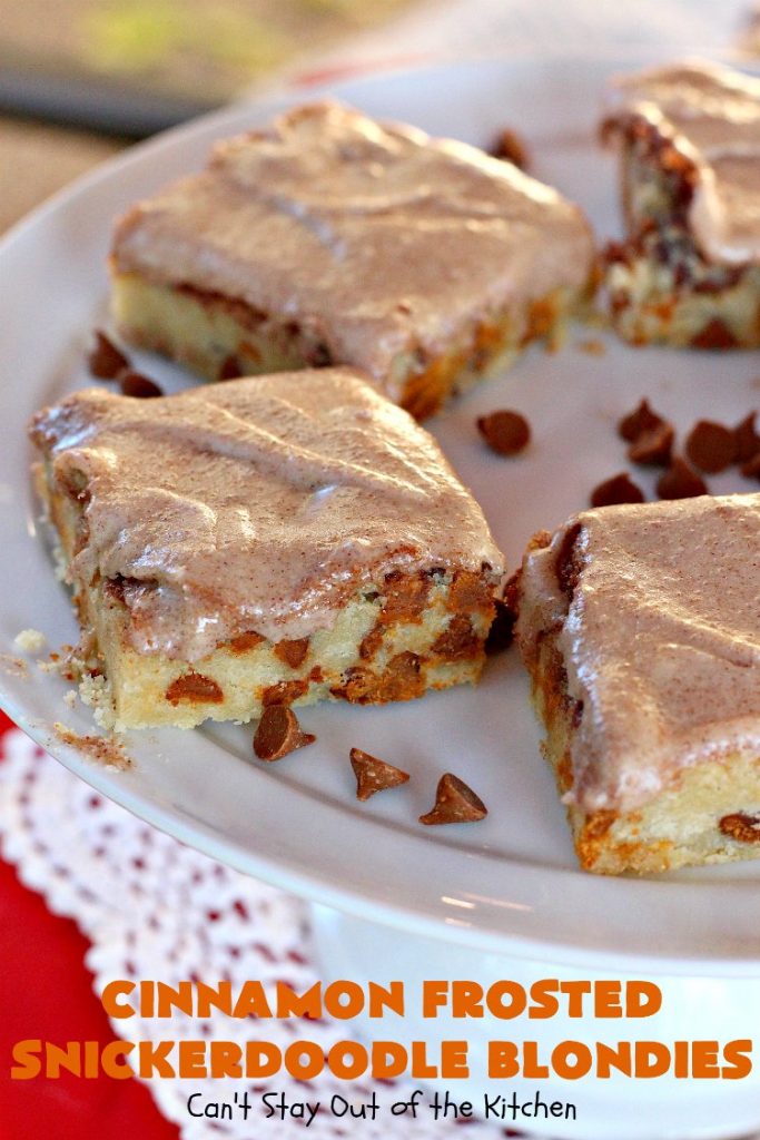 Cinnamon Frosted Snickerdoodle Blondies | Can't Stay Out of the Kitchen | these #cookies will knock your socks off! They are rich, decadent & absolutely heavenly. They'll sure satisfy any sweet tooth craving you have. Perfect for #holiday or #Christmas parties too. #snickerdoodles #cinnamon #dessert #SnickerdoodleDessert #HolidayDessert #CinnamonFrostedSnickerdoodleBlondies