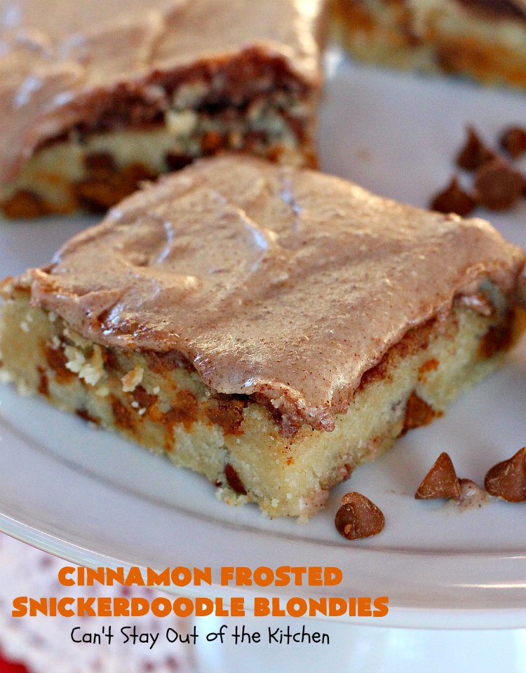Cinnamon Frosted Snickerdoodle Blondies | Can't Stay Out of the Kitchen | these #cookies will knock your socks off! They are rich, decadent & absolutely heavenly. They'll sure satisfy any sweet tooth craving you have. Perfect for #holiday or #Christmas parties too. #snickerdoodles #cinnamon #dessert #SnickerdoodleDessert #HolidayDessert #CinnamonFrostedSnickerdoodleBlondies