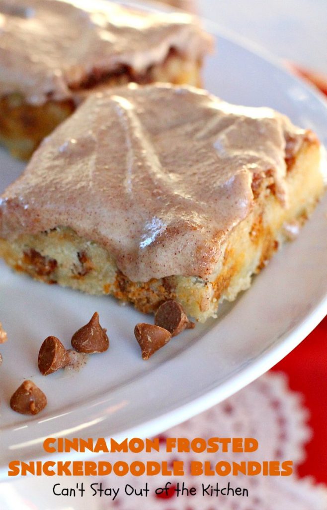 Cinnamon Frosted Snickerdoodle Blondies | Can't Stay Out of the Kitchen | these #cookies will knock your socks off! They are rich, decadent & absolutely heavenly. They'll sure satisfy any sweet tooth craving you have. Perfect for #holiday or #Christmas parties too. #snickerdoodles #cinnamon #dessert #SnickerdoodleDessert #HolidayDessert #CinnamonFrostedSnickerdoodleBlondies