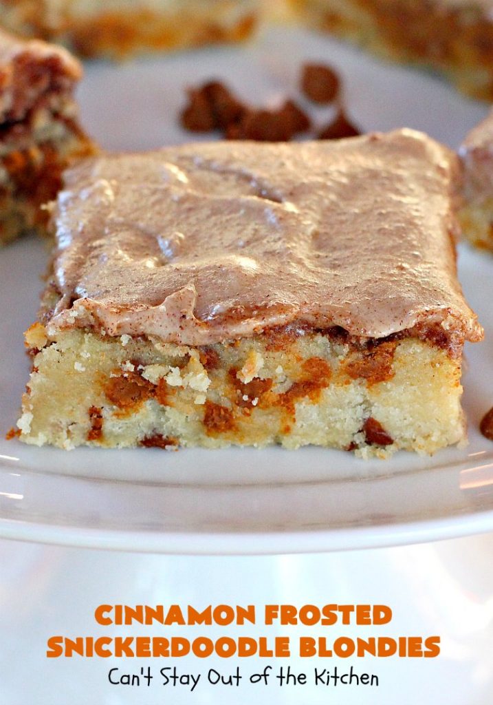 Cinnamon Frosted Snickerdoodle Blondies | Can't Stay Out of the Kitchen | these #cookies will knock your socks off! They are rich, decadent & absolutely heavenly. They'll sure satisfy any sweet tooth craving you have. Perfect for #holiday or #Christmas parties too. #snickerdoodles #cinnamon #dessert #SnickerdoodleDessert #HolidayDessert #CinnamonFrostedSnickerdoodleBlondies