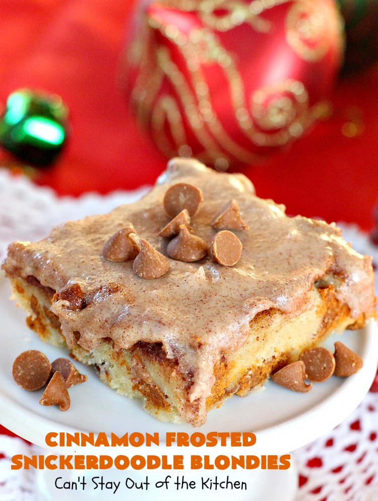 Cinnamon Frosted Snickerdoodle Blondies | Can't Stay Out of the Kitchen | these #cookies will knock your socks off! They are rich, decadent & absolutely heavenly. They'll sure satisfy any sweet tooth craving you have. Perfect for #holiday or #Christmas parties too. #snickerdoodles #cinnamon #dessert #SnickerdoodleDessert #HolidayDessert #CinnamonFrostedSnickerdoodleBlondies
