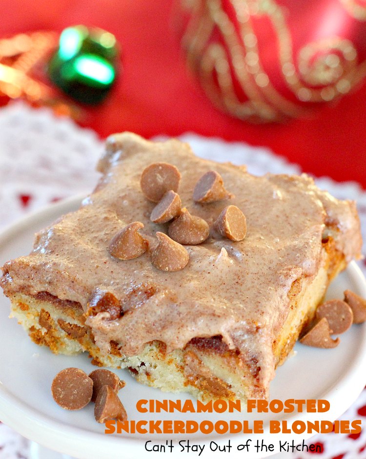 Cinnamon Frosted Snickerdoodle Blondies | Can't Stay Out of the Kitchen | these #cookies will knock your socks off! They are rich, decadent & absolutely heavenly. They'll sure satisfy any sweet tooth craving you have. Perfect for #holiday or #Christmas parties too. #snickerdoodles #cinnamon #dessert #SnickerdoodleDessert #HolidayDessert #CinnamonFrostedSnickerdoodleBlondies