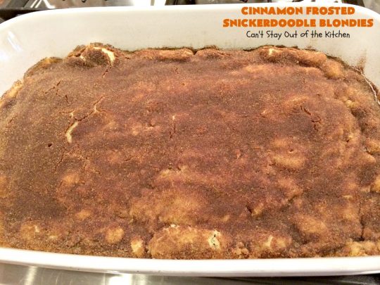 Cinnamon Frosted Snickerdoodle Blondies | Can't Stay Out of the Kitchen | these #cookies will knock your socks off! They are rich, decadent & absolutely heavenly. They'll sure satisfy any sweet tooth craving you have. Perfect for #holiday or #Christmas parties too. #snickerdoodles #cinnamon #dessert #SnickerdoodleDessert #HolidayDessert #CinnamonFrostedSnickerdoodleBlondies