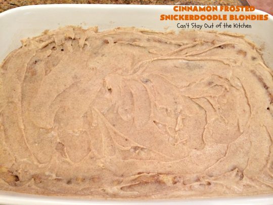 Cinnamon Frosted Snickerdoodle Blondies | Can't Stay Out of the Kitchen | these #cookies will knock your socks off! They are rich, decadent & absolutely heavenly. They'll sure satisfy any sweet tooth craving you have. Perfect for #holiday or #Christmas parties too. #snickerdoodles #cinnamon #dessert #SnickerdoodleDessert #HolidayDessert #CinnamonFrostedSnickerdoodleBlondies