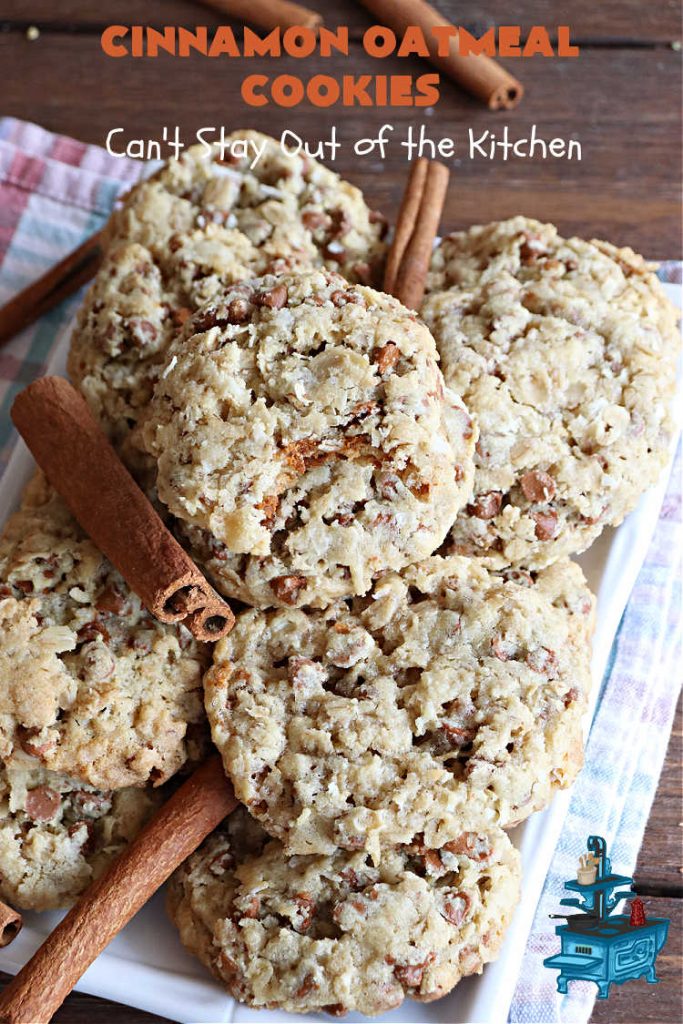Cinnamon Oatmeal Cookies | Can't Stay Out of the Kitchen | these delectable #OatmealCookies are filled with #oatmeal #CinnamonChips, #pecans & #coconut. They're hearty, satisfying & chewy #cookies. Enjoy them at #tailgating parties, potlucks, Backyard BBQs or soccer practice. Fill your Cookie Jar & your kids will swoon over this amazing #dessert. #cinnamon #CinnamonDessert #CinnamonOatmealCookies