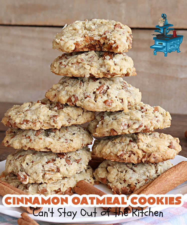 Cinnamon Oatmeal Cookies | Can't Stay Out of the Kitchen | these delectable #OatmealCookies are filled with #oatmeal #CinnamonChips, #pecans & #coconut. They're hearty, satisfying & chewy #cookies. Enjoy them at #tailgating parties, potlucks, Backyard BBQs or soccer practice. Fill your Cookie Jar & your kids will swoon over this amazing #dessert. #cinnamon #CinnamonDessert #CinnamonOatmealCookies