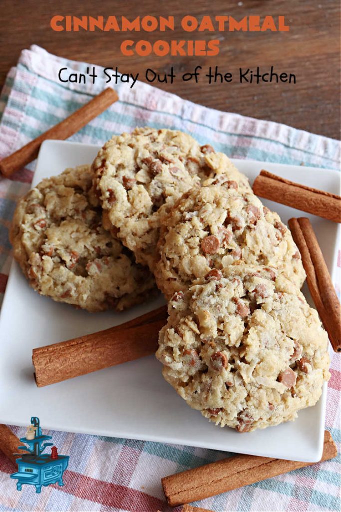 Cinnamon Oatmeal Cookies | Can't Stay Out of the Kitchen | these delectable #OatmealCookies are filled with #oatmeal #CinnamonChips, #pecans & #coconut. They're hearty, satisfying & chewy #cookies. Enjoy them at #tailgating parties, potlucks, Backyard BBQs or soccer practice. Fill your Cookie Jar & your kids will swoon over this amazing #dessert. #cinnamon #CinnamonDessert #CinnamonOatmealCookies