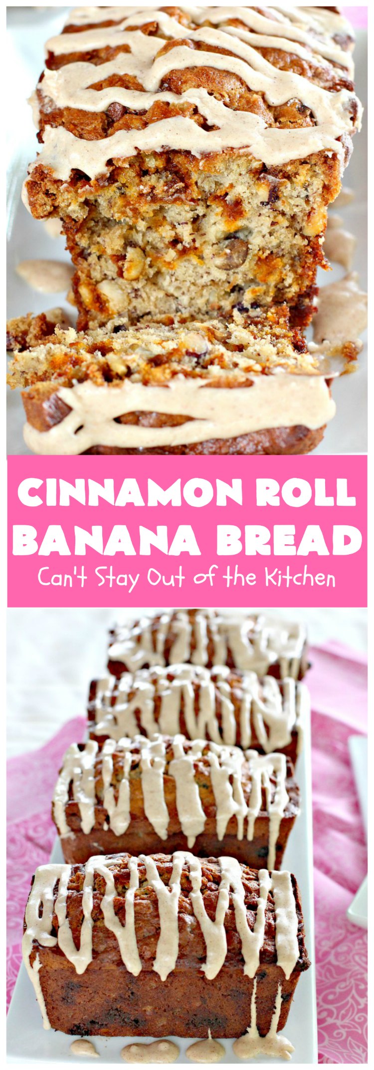 Cinnamon Roll Banana Bread | Can't Stay Out of the Kitchen | get the great taste of homemade #CinnamonRolls but without all the work in this fantastic #BananaBread #recipe. It has triple the #cinnamon flavor with cinnamon & #CinnamonChips in the batter & cinnamon in the icing. Delicious sweet #bread for company or #holidays like #Christmas or #Thanksgiving. #CinnamonRollBananaBread
