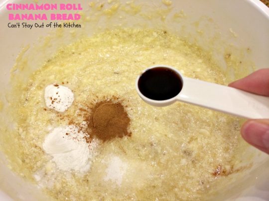 Cinnamon Roll Banana Bread | Can't Stay Out of the Kitchen | get the great taste of homemade #CinnamonRolls but without all the work in this fantastic #BananaBread #recipe. It has triple the #cinnamon flavor with cinnamon & #CinnamonChips in the batter & cinnamon in the icing. Delicious sweet #bread for company or #holidays like #Christmas or #Thanksgiving. #CinnamonRollBananaBread