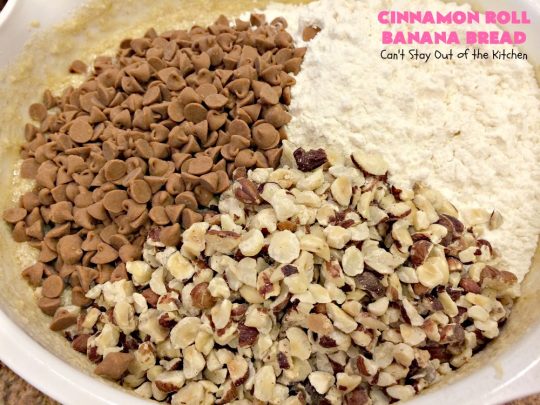 Cinnamon Roll Banana Bread | Can't Stay Out of the Kitchen | get the great taste of homemade #CinnamonRolls but without all the work in this fantastic #BananaBread #recipe. It has triple the #cinnamon flavor with cinnamon & #CinnamonChips in the batter & cinnamon in the icing. Delicious sweet #bread for company or #holidays like #Christmas or #Thanksgiving. #CinnamonRollBananaBread