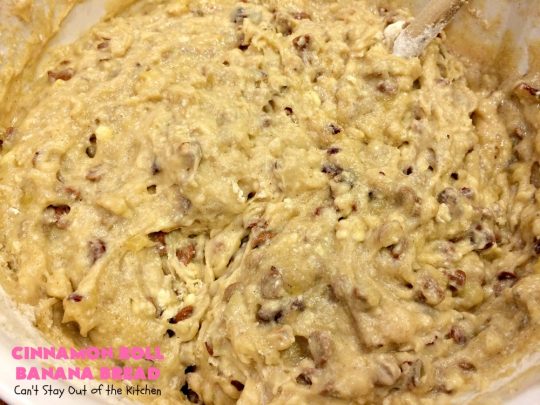 Cinnamon Roll Banana Bread | Can't Stay Out of the Kitchen | get the great taste of homemade #CinnamonRolls but without all the work in this fantastic #BananaBread #recipe. It has triple the #cinnamon flavor with cinnamon & #CinnamonChips in the batter & cinnamon in the icing. Delicious sweet #bread for company or #holidays like #Christmas or #Thanksgiving. #CinnamonRollBananaBread