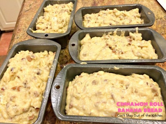Cinnamon Roll Banana Bread | Can't Stay Out of the Kitchen | get the great taste of homemade #CinnamonRolls but without all the work in this fantastic #BananaBread #recipe. It has triple the #cinnamon flavor with cinnamon & #CinnamonChips in the batter & cinnamon in the icing. Delicious sweet #bread for company or #holidays like #Christmas or #Thanksgiving. #CinnamonRollBananaBread