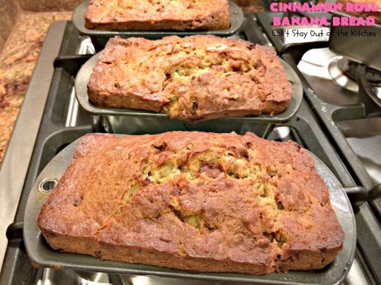 Cinnamon Roll Banana Bread | Can't Stay Out of the Kitchen | get the great taste of homemade #CinnamonRolls but without all the work in this fantastic #BananaBread #recipe. It has triple the #cinnamon flavor with cinnamon & #CinnamonChips in the batter & cinnamon in the icing. Delicious sweet #bread for company or #holidays like #Christmas or #Thanksgiving. #CinnamonRollBananaBread