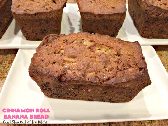 Cinnamon Roll Banana Bread | Can't Stay Out of the Kitchen | get the great taste of homemade #CinnamonRolls but without all the work in this fantastic #BananaBread #recipe. It has triple the #cinnamon flavor with cinnamon & #CinnamonChips in the batter & cinnamon in the icing. Delicious sweet #bread for company or #holidays like #Christmas or #Thanksgiving. #CinnamonRollBananaBread