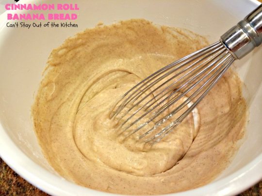 Cinnamon Roll Banana Bread | Can't Stay Out of the Kitchen | get the great taste of homemade #CinnamonRolls but without all the work in this fantastic #BananaBread #recipe. It has triple the #cinnamon flavor with cinnamon & #CinnamonChips in the batter & cinnamon in the icing. Delicious sweet #bread for company or #holidays like #Christmas or #Thanksgiving. #CinnamonRollBananaBread