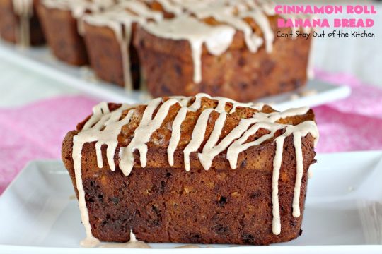 Cinnamon Roll Banana Bread | Can't Stay Out of the Kitchen | get the great taste of homemade #CinnamonRolls but without all the work in this fantastic #BananaBread #recipe. It has triple the #cinnamon flavor with cinnamon & #CinnamonChips in the batter & cinnamon in the icing. Delicious sweet #bread for company or #holidays like #Christmas or #Thanksgiving. #CinnamonRollBananaBread