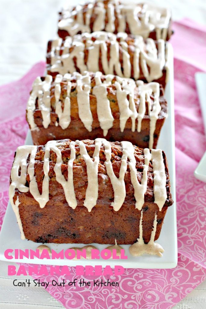 Cinnamon Roll Banana Bread | Can't Stay Out of the Kitchen | get the great taste of homemade #CinnamonRolls but without all the work in this fantastic #BananaBread #recipe. It has triple the #cinnamon flavor with cinnamon & #CinnamonChips in the batter & cinnamon in the icing. Delicious sweet #bread for company or #holidays like #Christmas or #Thanksgiving. #CinnamonRollBananaBread
