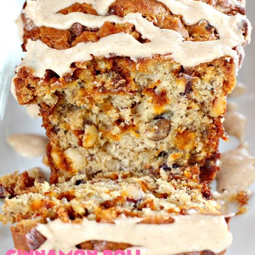 Cinnamon Roll Banana Bread | Can't Stay Out of the Kitchen | get the great taste of homemade #CinnamonRolls but without all the work in this fantastic #BananaBread #recipe. It has triple the #cinnamon flavor with cinnamon & #CinnamonChips in the batter & cinnamon in the icing. Delicious sweet #bread for company or #holidays like #Christmas or #Thanksgiving. #CinnamonRollBananaBread