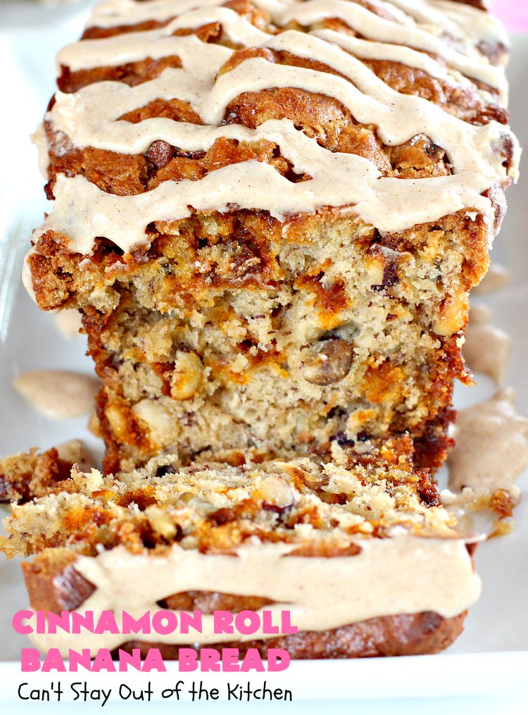 Cinnamon Roll Banana Bread | Can't Stay Out of the Kitchen | get the great taste of homemade #CinnamonRolls but without all the work in this fantastic #BananaBread #recipe. It has triple the #cinnamon flavor with cinnamon & #CinnamonChips in the batter & cinnamon in the icing. Delicious sweet #bread for company or #holidays like #Christmas or #Thanksgiving. #CinnamonRollBananaBread