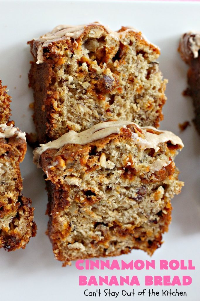 Cinnamon Roll Banana Bread | Can't Stay Out of the Kitchen | get the great taste of homemade #CinnamonRolls but without all the work in this fantastic #BananaBread #recipe. It has triple the #cinnamon flavor with cinnamon & #CinnamonChips in the batter & cinnamon in the icing. Delicious sweet #bread for company or #holidays like #Christmas or #Thanksgiving. #CinnamonRollBananaBread