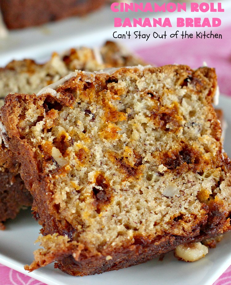 Cinnamon Roll Banana Bread | Can't Stay Out of the Kitchen | get the great taste of homemade #CinnamonRolls but without all the work in this fantastic #BananaBread #recipe. It has triple the #cinnamon flavor with cinnamon & #CinnamonChips in the batter & cinnamon in the icing. Delicious sweet #bread for company or #holidays like #Christmas or #Thanksgiving. #CinnamonRollBananaBread