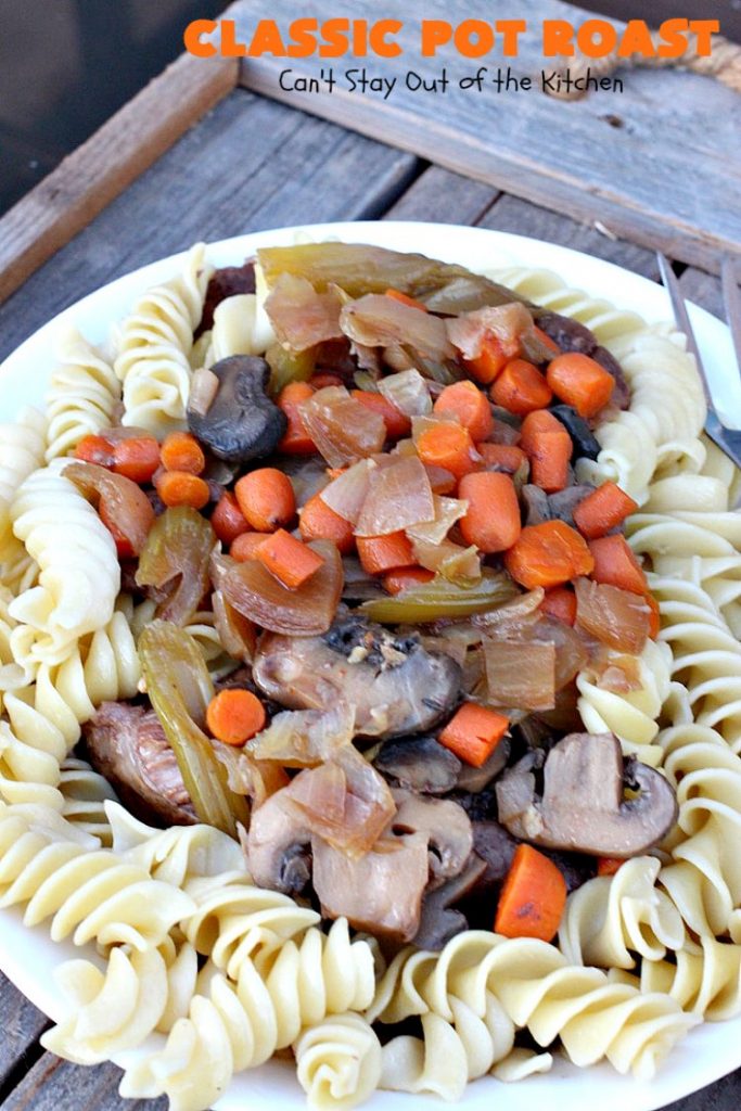 Classic Pot Roast | Can't Stay Out of the Kitchen | this fantastic #slowcooker #potroast is perfect for cold, dreary & drab winter days. It's a hearty, comforting & satisfying meal that will warm you up pronto! Every bite is succulent & mouthwatering. #beef #pasta #carrots #companymaindish #roastbeef #RoastBeefDinner
