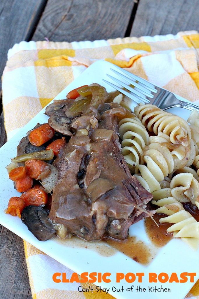Classic Pot Roast | Can't Stay Out of the Kitchen | this fantastic #slowcooker #potroast is perfect for cold, dreary & drab winter days. It's a hearty, comforting & satisfying meal that will warm you up pronto! Every bite is succulent & mouthwatering. #beef #pasta #carrots #companymaindish #roastbeef #RoastBeefDinner