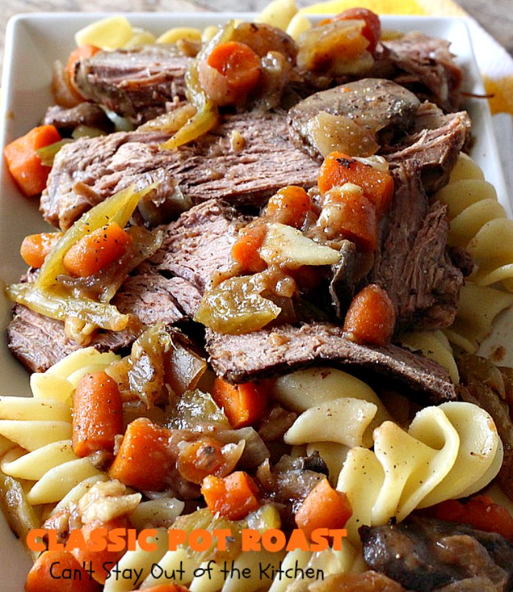 Classic Pot Roast | Can't Stay Out of the Kitchen | this fantastic #slowcooker #potroast is perfect for cold, dreary & drab winter days. It's a hearty, comforting & satisfying meal that will warm you up pronto! Every bite is succulent & mouthwatering. #beef #pasta #carrots #companymaindish #roastbeef #RoastBeefDinner