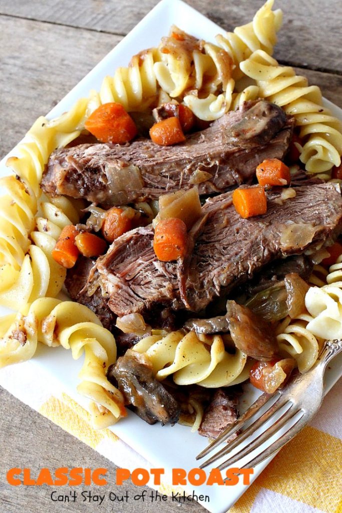 Classic Pot Roast | Can't Stay Out of the Kitchen | this fantastic #slowcooker #potroast is perfect for cold, dreary & drab winter days. It's a hearty, comforting & satisfying meal that will warm you up pronto! Every bite is succulent & mouthwatering. #beef #pasta #carrots #companymaindish #roastbeef #RoastBeefDinner