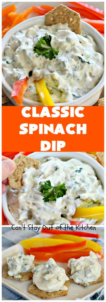 Classic Spinach Dip | Can't Stay Out of the Kitchen | This wonderful #appetizer is the classic #KnorrsSoup #recipe. It's absolutely scrumptious for any kind of party or potluck. #Tailgating #spinach #SuperBowl #WaterChestnuts #SpinachDip