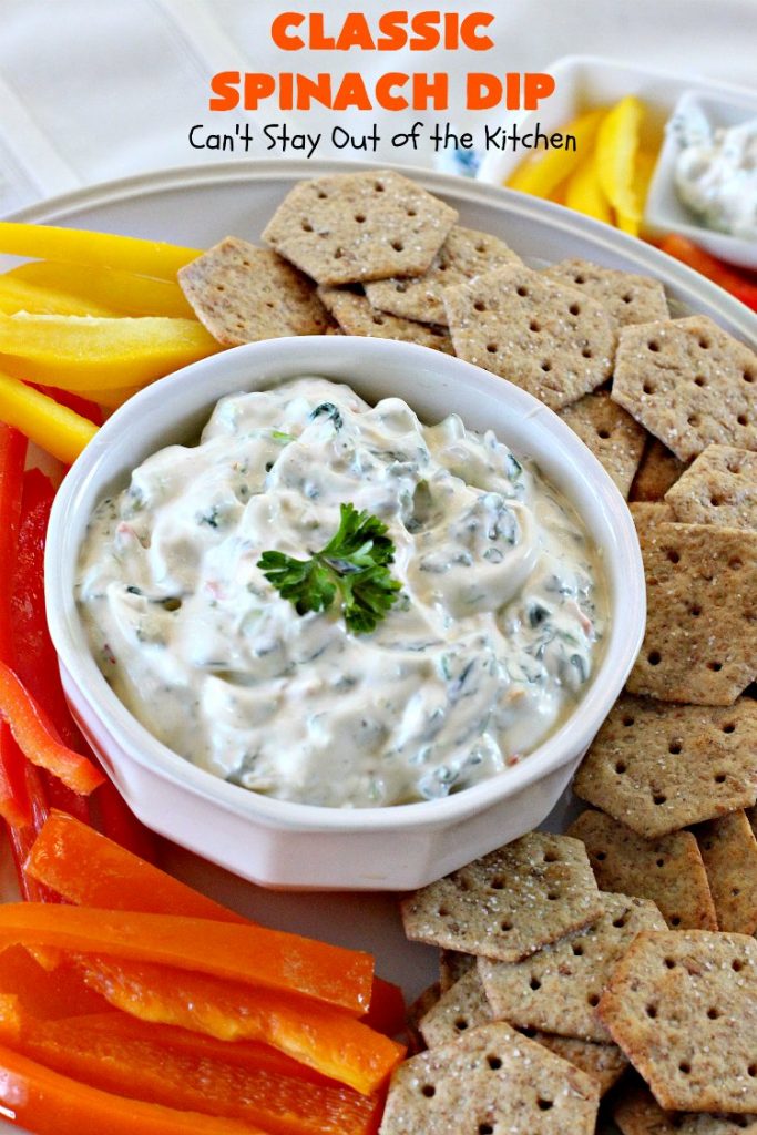 Classic Spinach Dip | Can't Stay Out of the Kitchen | This wonderful #appetizer is the classic #KnorrsSoup #recipe. It's absolutely scrumptious for any kind of party or potluck. #Tailgating #spinach #SuperBowl #WaterChestnuts #SpinachDip