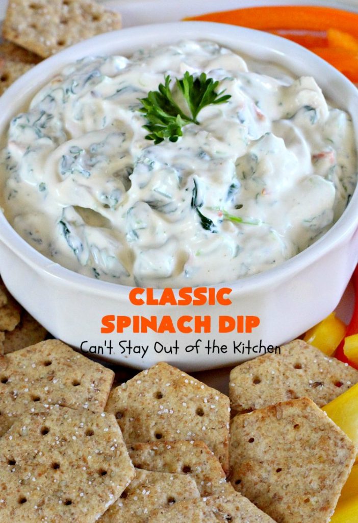 Classic Spinach Dip | Can't Stay Out of the Kitchen | This wonderful #appetizer is the classic #KnorrsSoup #recipe. It's absolutely scrumptious for any kind of party or potluck. #Tailgating #spinach #SuperBowl #WaterChestnuts #SpinachDip