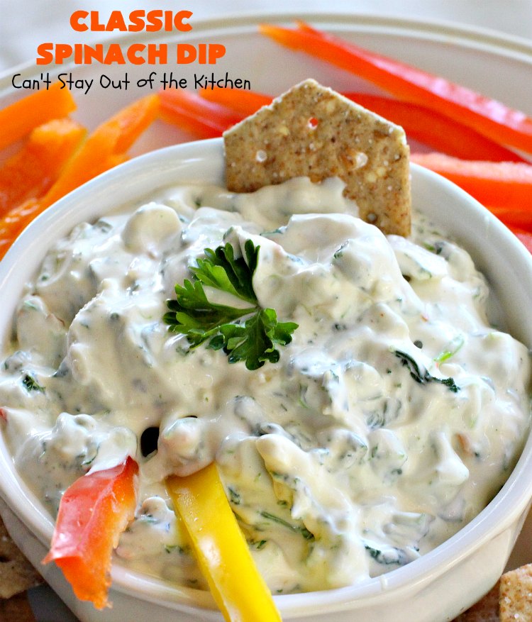 Classic Spinach Dip | Can't Stay Out of the Kitchen | This wonderful #appetizer is the classic #KnorrsSoup #recipe. It's absolutely scrumptious for any kind of party or potluck. #Tailgating #spinach #SuperBowl #WaterChestnuts #SpinachDip