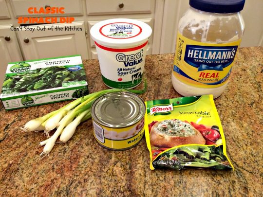 Classic Spinach Dip | Can't Stay Out of the Kitchen | This wonderful #appetizer is the classic #KnorrsSoup #recipe. It's absolutely scrumptious for any kind of party or potluck. #Tailgating #spinach #SuperBowl #WaterChestnuts #SpinachDip