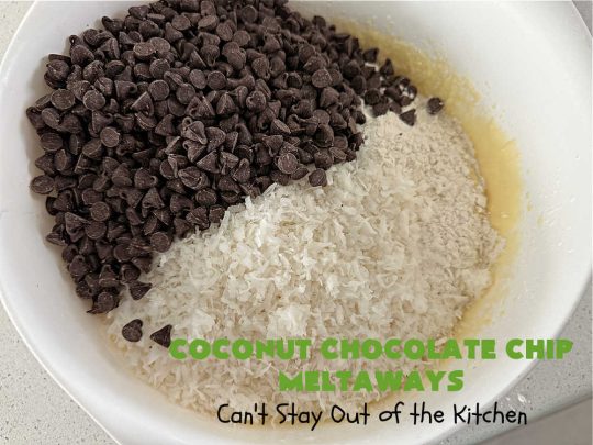 Coconut Chocolate Chip Cookies | Can't Stay Out of the Kitchen | these #cookies are heavenly! Every bite is loaded with #coconut & #ChocolateChips which provides such a luscious, irresistible flavor you won't be able to stop eating them! This scrumptious, drool-worthy #dessert is terrific for #tailgating parties, potlucks or #holiday parties. #chocolate #ChocolateDessert #CoconutDessert #CoconutChocolateChipMeltaways