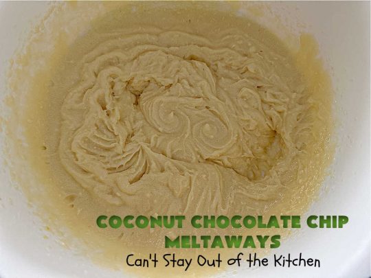 Coconut Chocolate Chip Cookies | Can't Stay Out of the Kitchen | these #cookies are heavenly! Every bite is loaded with #coconut & #ChocolateChips which provides such a luscious, irresistible flavor you won't be able to stop eating them! This scrumptious, drool-worthy #dessert is terrific for #tailgating parties, potlucks or #holiday parties. #chocolate #ChocolateDessert #CoconutDessert #CoconutChocolateChipMeltaways