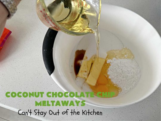 Coconut Chocolate Chip Cookies | Can't Stay Out of the Kitchen | these #cookies are heavenly! Every bite is loaded with #coconut & #ChocolateChips which provides such a luscious, irresistible flavor you won't be able to stop eating them! This scrumptious, drool-worthy #dessert is terrific for #tailgating parties, potlucks or #holiday parties. #chocolate #ChocolateDessert #CoconutDessert #CoconutChocolateChipMeltaways