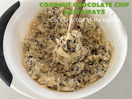 Coconut Chocolate Chip Cookies | Can't Stay Out of the Kitchen | these #cookies are heavenly! Every bite is loaded with #coconut & #ChocolateChips which provides such a luscious, irresistible flavor you won't be able to stop eating them! This scrumptious, drool-worthy #dessert is terrific for #tailgating parties, potlucks or #holiday parties. #chocolate #ChocolateDessert #CoconutDessert #CoconutChocolateChipMeltaways